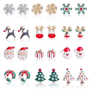 30 Design Enamel Christmas Stud Earrings Elk Snowman Snowflake Christmas Tree Charms Dangle Earrings for Women Girls
