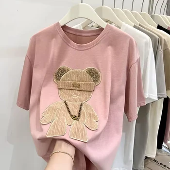 Women's Summer New Korean Version 3D Mickey Hot Drill Cotton Short-Sleeved T-shirt With Loose Top Argyle Pattern