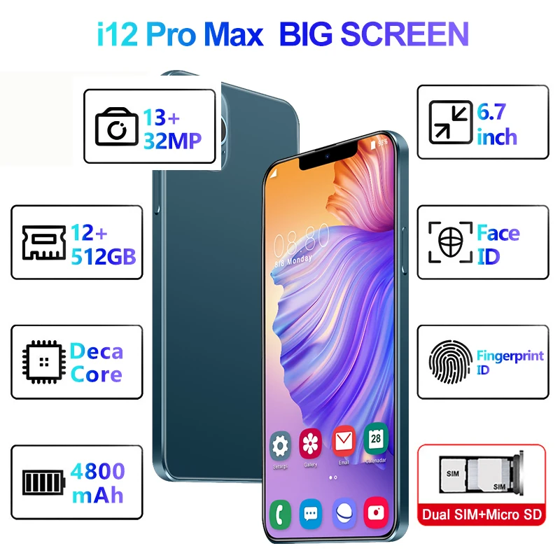 Лидер продаж, телефон 12 PRO MAX с логотипом, 12 Гб + 512 ГБ, полный дисплей 6,7 дюйма, мобильный телефон Android l12 PRO, сотовый телефон, смартфон