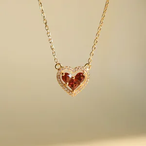 S925 18K Gold Plated Heart-shaped Pomegranate Red Zircon Pendant Necklace, a Luxurious and Niche Women's Jewelry