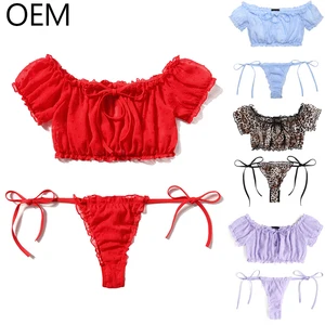 New Women's Sexy Iridescent Transparent Bow Lace-Up Lingerie Sets with Thongs Two Piece Square-Cut Collar Bra Underwear