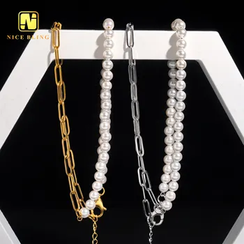 Luxury Women Necklaces Bracelets Half Pearl Half Link Chains Paper Clip Design Necklaces 316L Stainless Steel18K Gold Plated