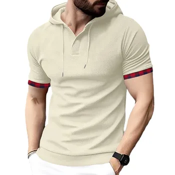 Men's Casual Spring Summer V-Neck Gym T-shirt Unlined Waffle Hoodie Short Sleeve Sweatshirts Polyester Tops