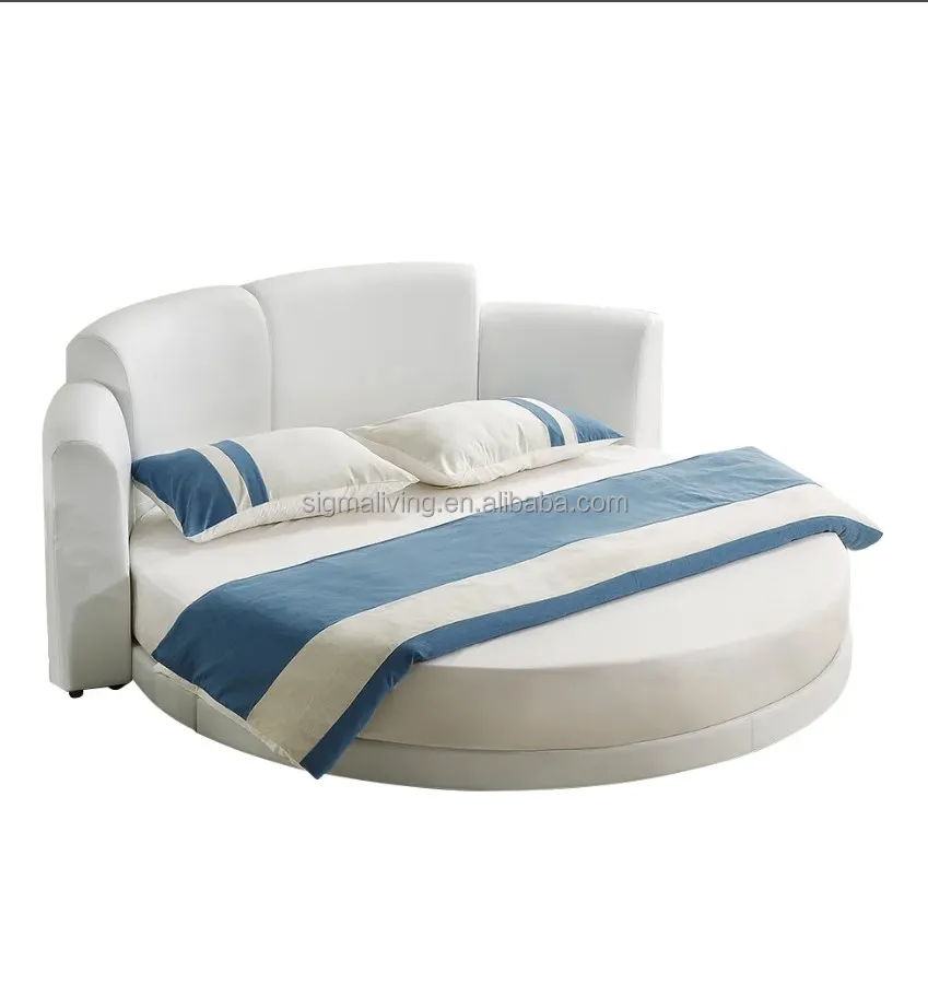White round platform bed faux leather led light upholstered bed
