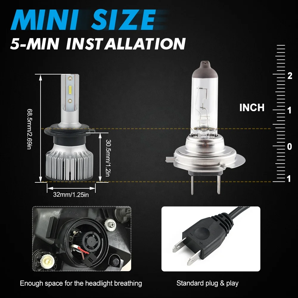 Kit 2 Ampoules Phares LED H7 6000K Bevinsee - 22000 Lm - Pour Mercedes Classe C, E, Etc. - Garantie 3 Ans