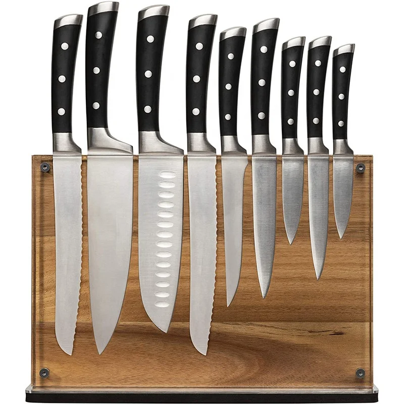Большой магнитный держатель для ножей-Вмещает 16 + ножей | Деревянный блок для ножей из акации без ножей | Широкий кухонный магнитный держатель для ножей