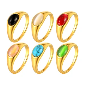 Vintage Design Natural Stone Chunky Rings Stainless Steel Jewelry Rings Women 18k Gold Plated Rings