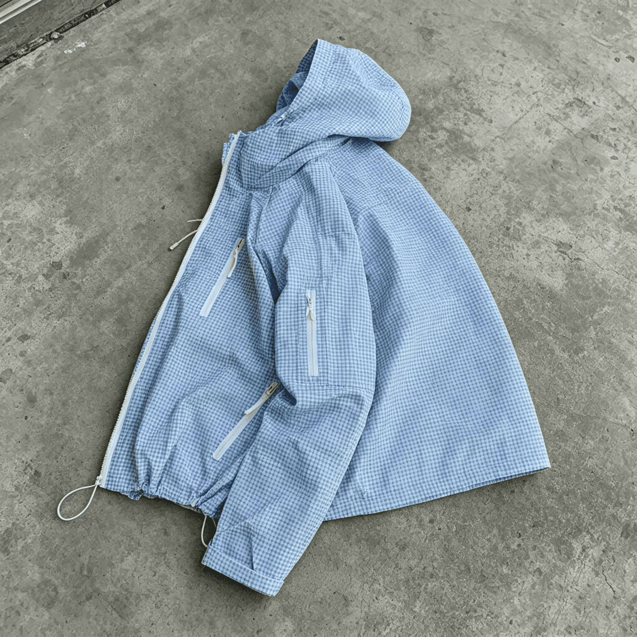 Custom OEM Minimal Micro Check Hooded Wind Jacket Cropped Drawstring Nylon Zip Outerwear Urban Daily Commute Casual Wear gallery 2