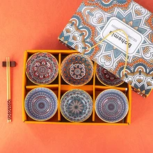 Bohemian Style Colorful Mixing 4pcs Dishwasher Safe Ceramic Chopsticks Bowl Gift Set Eco-Friendly Ramen Bowls for Gift Box