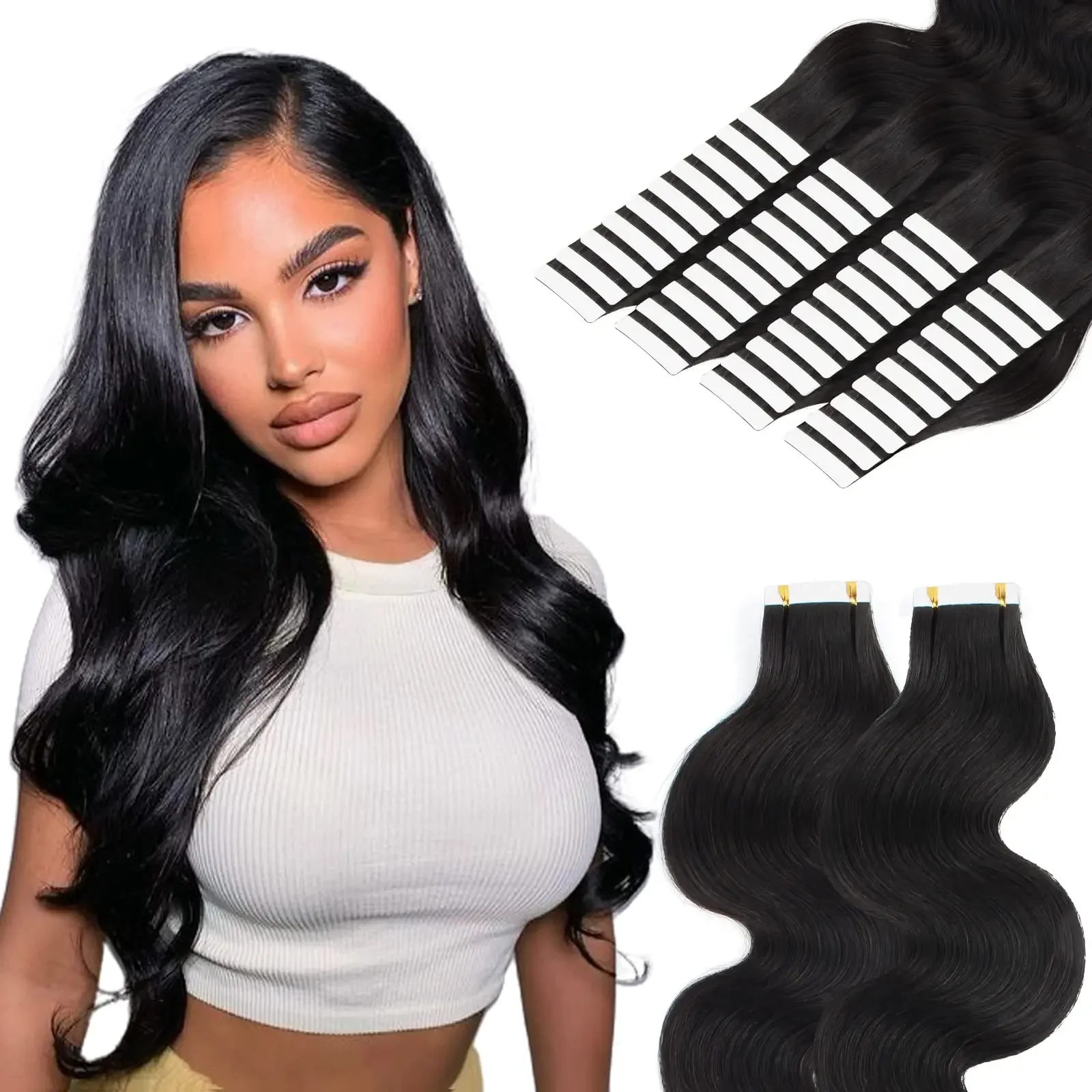 Extensii de păr uman cu bandă adezivă Body Wave, bătătură naturală, negru, calitate superioară_voghion.com