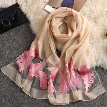 CUHAKCI Women Silk Organza Scarf Embroidery Sunscreen Shawl Adult Long Embroidered Lace Feather Pattern Printing Scarves