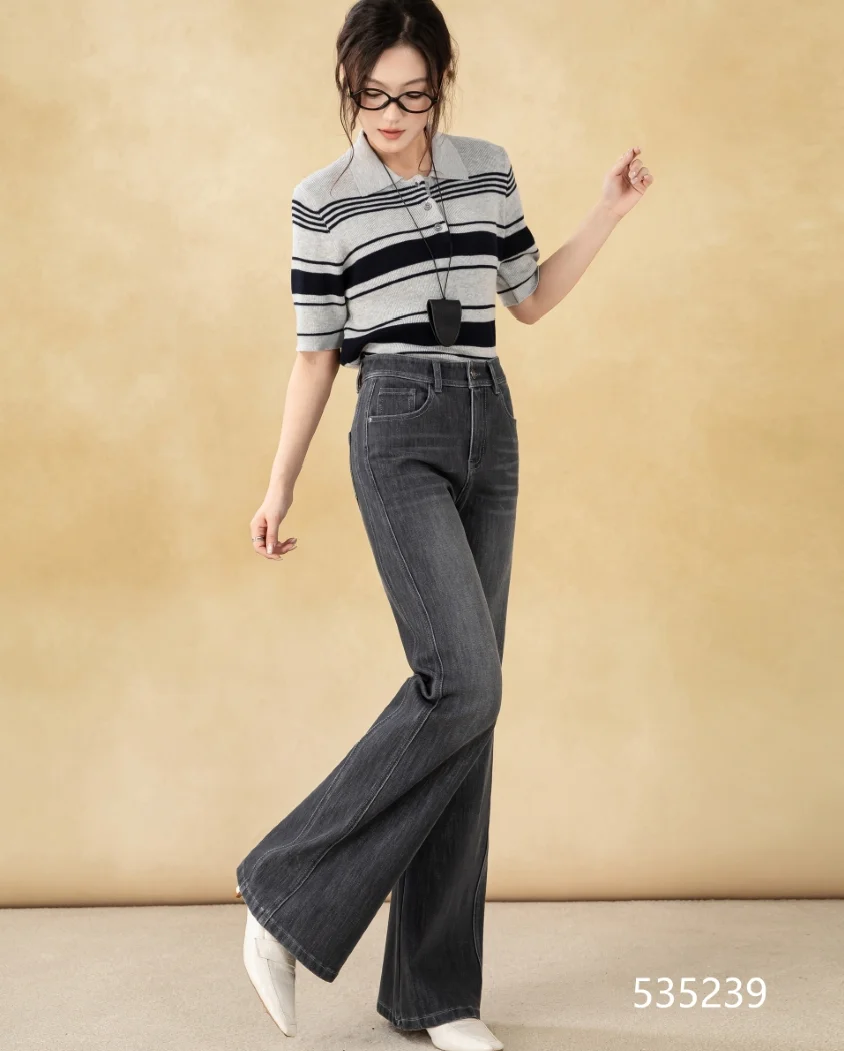 Women's Vintage-Style Dark Wash Straight Stretch Denim Pants Breathable Relaxed Wide-Leg for Formal Wear Simple Fashion