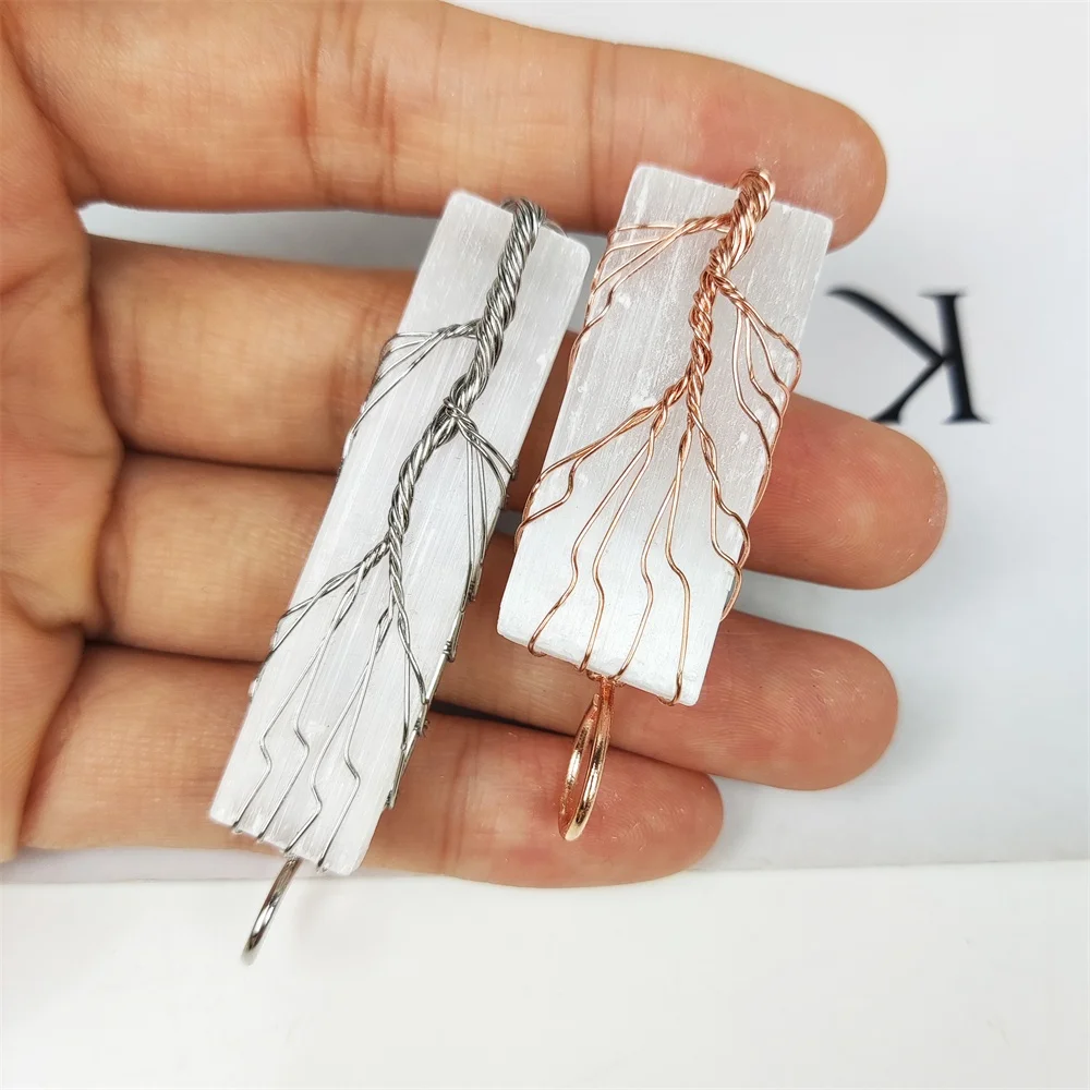 Classic Handmade Wire Wrapped Tree of Life Charm Natural Selenite Stick Pendant Necklace Gold Silver Plating Gypsum Jewelry