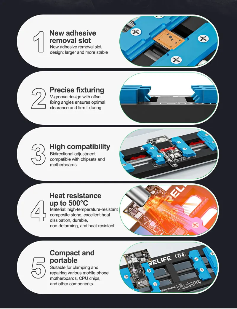 RELIFE TF5 Multifunctional Repair Fixture 500℃ Heat Resistant PCB Clamp for Motherboard CPU Chip Soldering Phone Repair