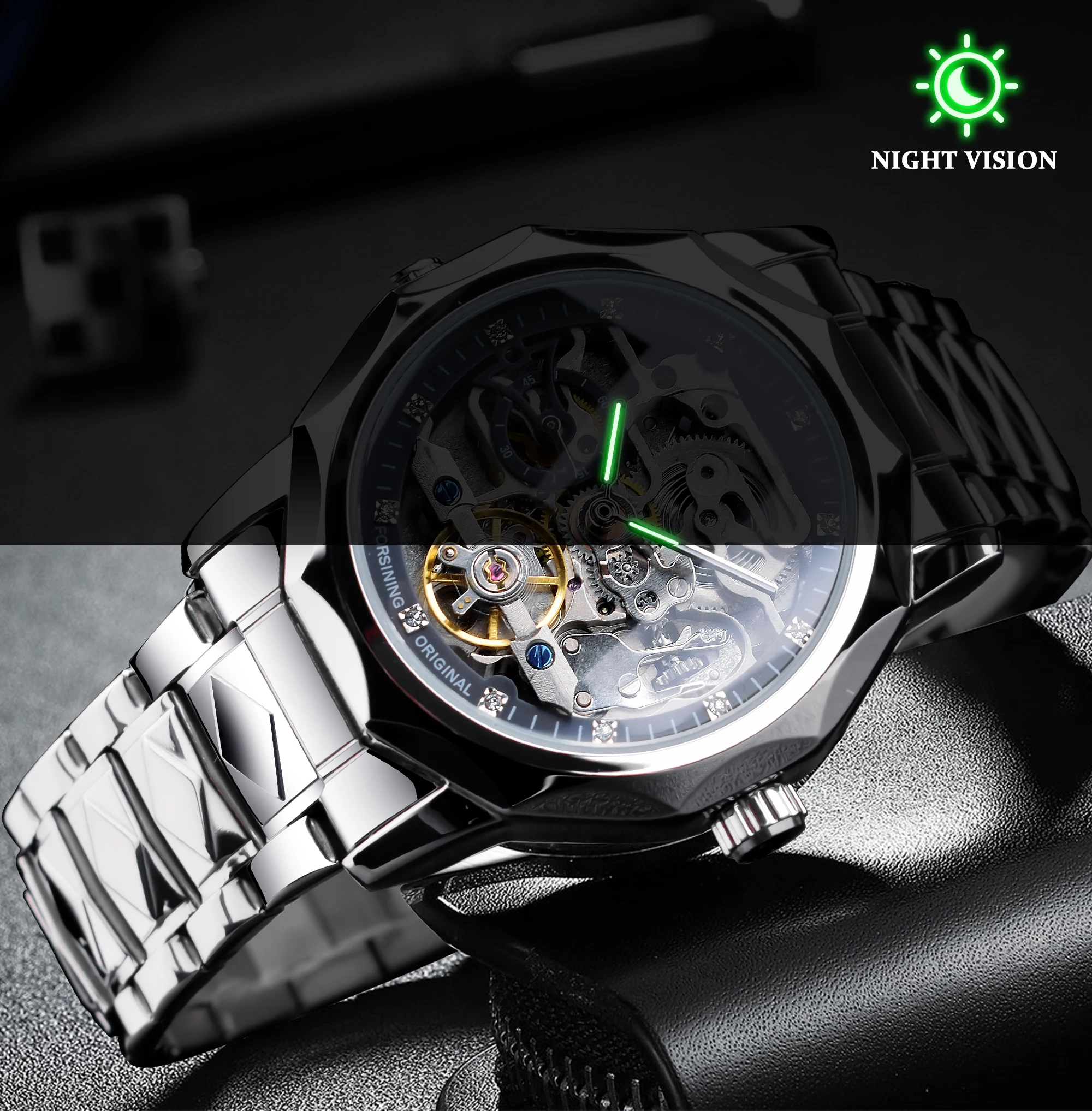 Per Forsining da uomo in acciaio inox diamantato automatico orologio