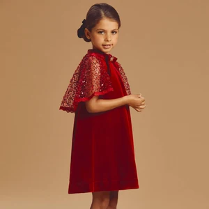 Custom O-Neck Long Sleeve Winter Girls Red Velvet Tulle Cape Knee-Length A-Line Eco-Friendly & Breathable Dress 2-12 Years