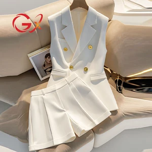 GX3543 Fashion 2026 Sexy Street Wear Women Clothing Vendor Sleeveless Turn Down V-Neck Blazer Tops and Shorts 2 Piece Set