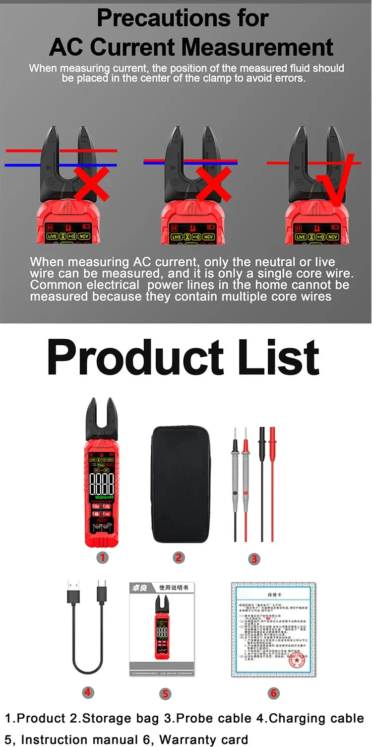 Smart digital clamp meter for accurate electrical measurements Measures AC/DC current, voltage, resistance, and continuity Non-contact current measurement using clamp (no wire cutting required) Auto-ranging function for easy and fast operation LCD display with backlight for clear readings in low light Supports additional features like NCV (non-contact voltage), diode test & data hold Compact, portable design – ideal for electricians & technicians Suitable for home, industrial, and maintenance use
