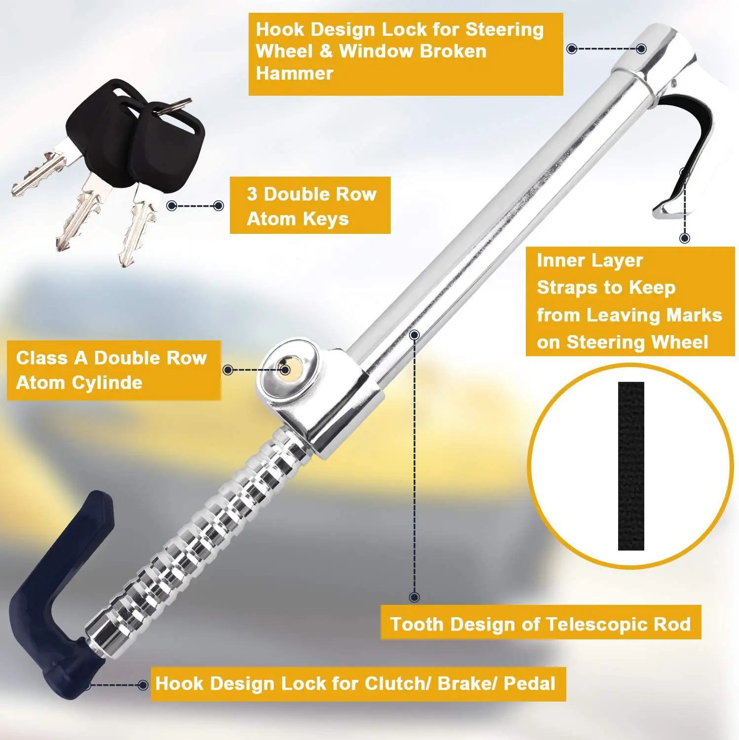 Factory Price Hot Selling Car Anti-theft Universal Carbon Steel Material Three-section Hook Lock Steering Wheel Lock