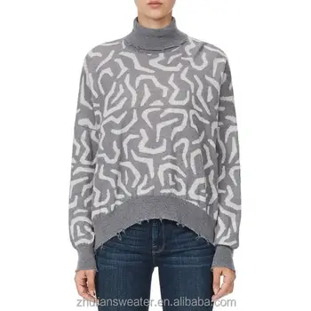 Custom Wholesale Factory Price High Quality Cotton Grey Turtle Neck Loose Pullover Jacquard Knitted Winter Sweater For Women