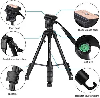 YUNTENG VCT-691 Portable Aluminum Alloy Video Tripod 4-Section Camera Tripod with Fluid Pan & Tilt Head Max Load 3kg detail image