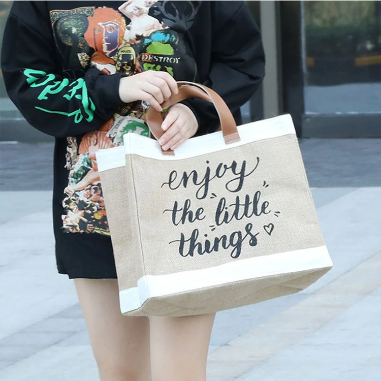 Wholesale Cheap Reusable Custom Logo Printed Grocery Shopping Tote Jute Bag with Leather Handle Large Hemp Burlap