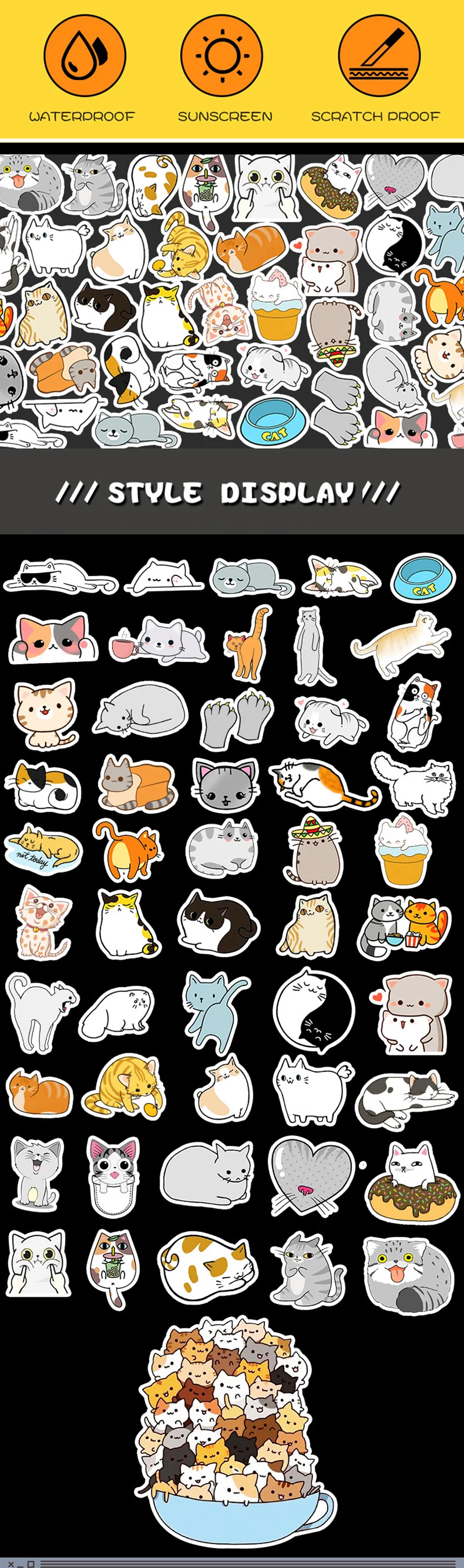 50pcs Cute Kawaii Cats Kitten Sticker Bottle Luggage Laptop Waterproof ...