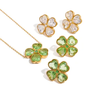 Women's Four-leaf Clover Necklace Earrings Set New Trend Gold-Plated CZ Heart-Shaped for Parties and Engagements