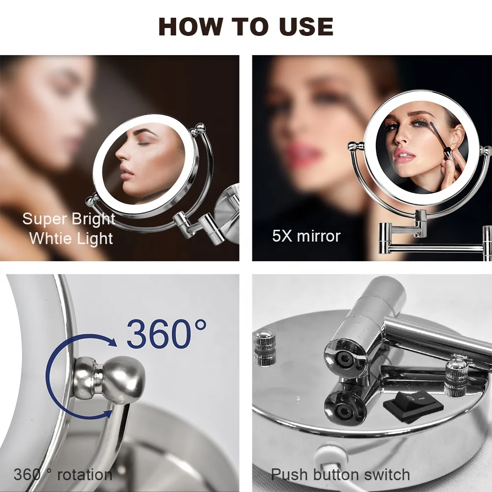 Современное круглое увеличительное регулируемое настенное зеркало для бритья с подсветкой