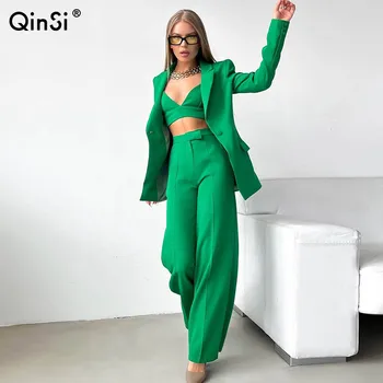 QINSI 3pcs set Blazer Pant Suit 2022 Autumn Office Lady Long Sleeve Blazer Jacket and High Waist Pants Set Women Pant Suit