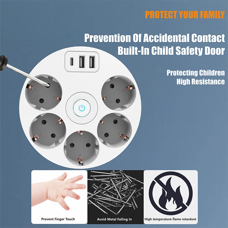 2023 5 Power Socket 2 Usb Ports 1 Type C Desktop Power Strip Electric Extension Socket Europe Plug Socket