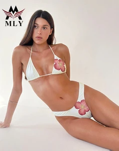 MLY Designer Fashion Lady Flower Print Swimwear Two Piece Women Summer Seamless Thong Bathing Suits