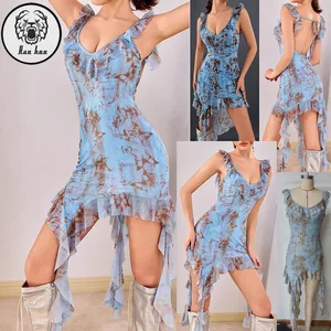 New Arrival Summer Ruffle Trim Backless Printing Floral Women Casual Sexy Mini Dresses