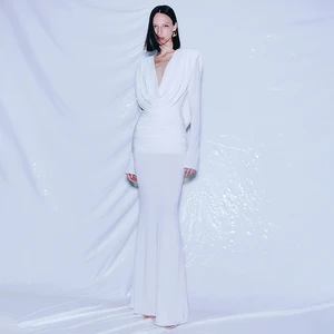 ZYHT 70067 Factory Direct Supply Pure White Brown French Vintage Long Sleeve Slimming Deep V Commute Maxi Mesh Evening Dress