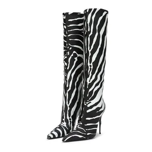 Plus Size Zebra Stiletto Heel Pointed Toe Fashion Ladies High Heels Shoes Winter Girls Knee High Leather Long Women Boots Latest