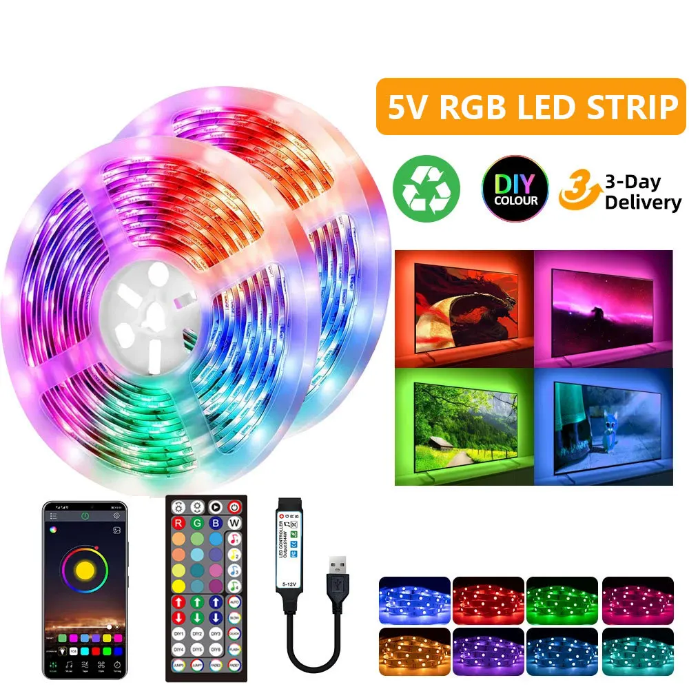 Cross-Border 5M RGB LED Landscape Light 5V USB & for Bluetooth Remote Control 5050RGB & 3535RGB Black PCB Suit with Plastic Body