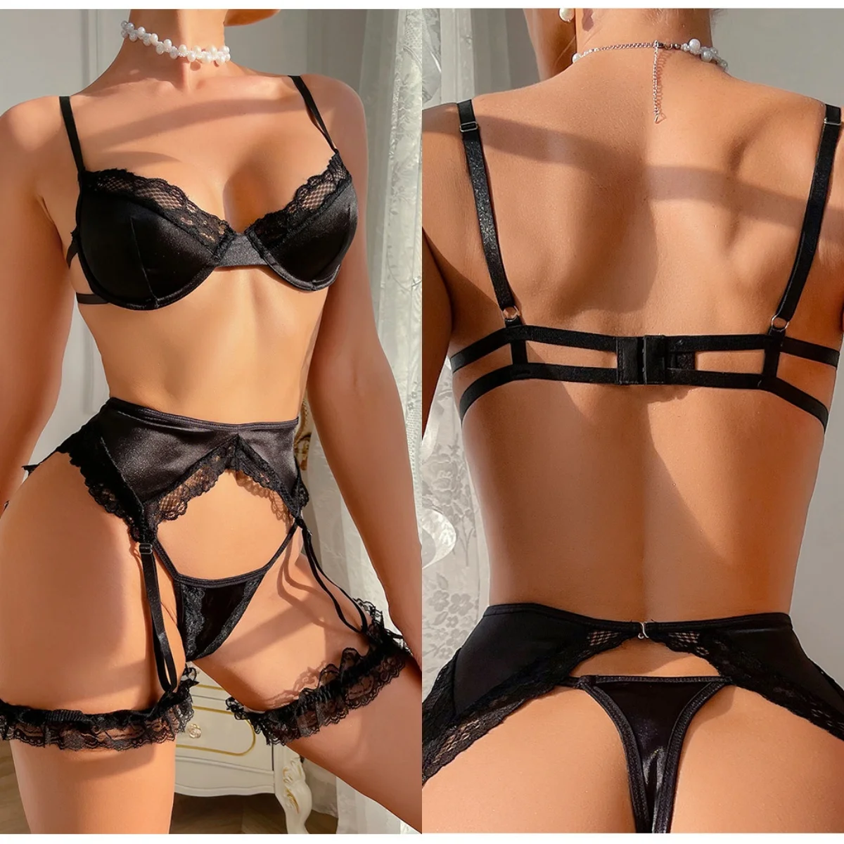 H3938 New Arrival Sexy Garter Lingerie Set Romantic Lace Bra and Panty Set  5pcs Leg Ring Women's Sexy Underwear