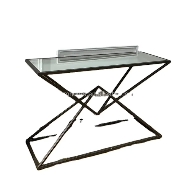 Modern style gray brushed metal body clear mirror tabletop living room furniture console table with mirror luxury