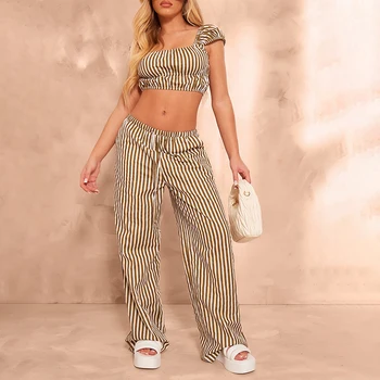 Custom Wholesale High Quality Women Summer Suits Polyester Cotton Striped Top Pants Two Piece Set for Women