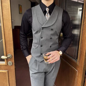Customizable 2-Piece Set of Men's Slim Fit Double-Breasted Flip Collar Vest and Pant Formal Style Breathable Feature