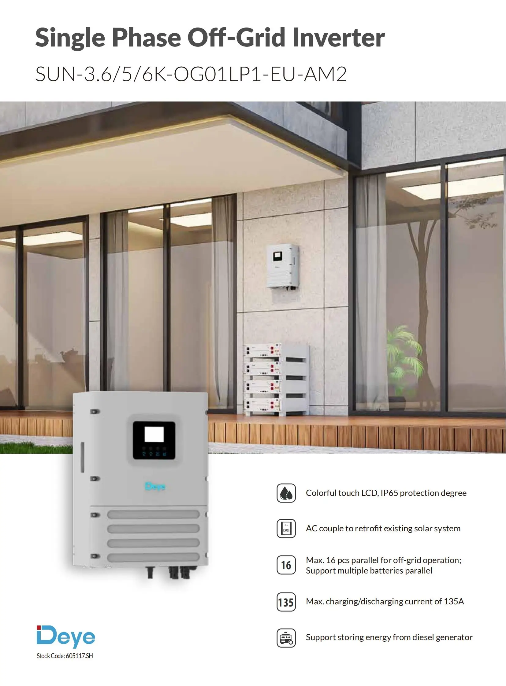 New Arrival Deye SUN-3.6/5/6K-OG01LP1-EU-AM2 Single Phase 3.6KW 5KW 6KW ...