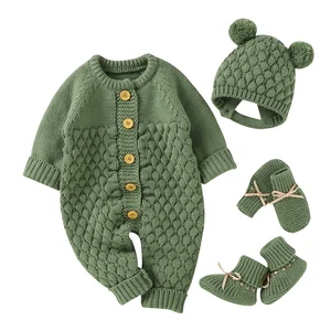 New Newborn Knitted Jumpsuit Hooded Newborn Girls' Boys' Warm Sweater Jumpsuit New Born Baby Clothing with Hat Shoes Gloves