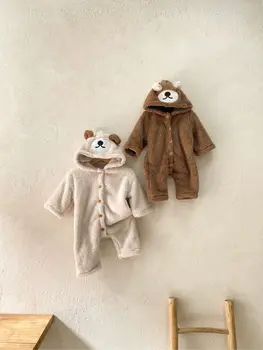 Autumn and Winter Newborn Baby Clothes Thickened Plush Bear Long Unisex Baby Outerwear Hooded Romper Baby Jumpsuit