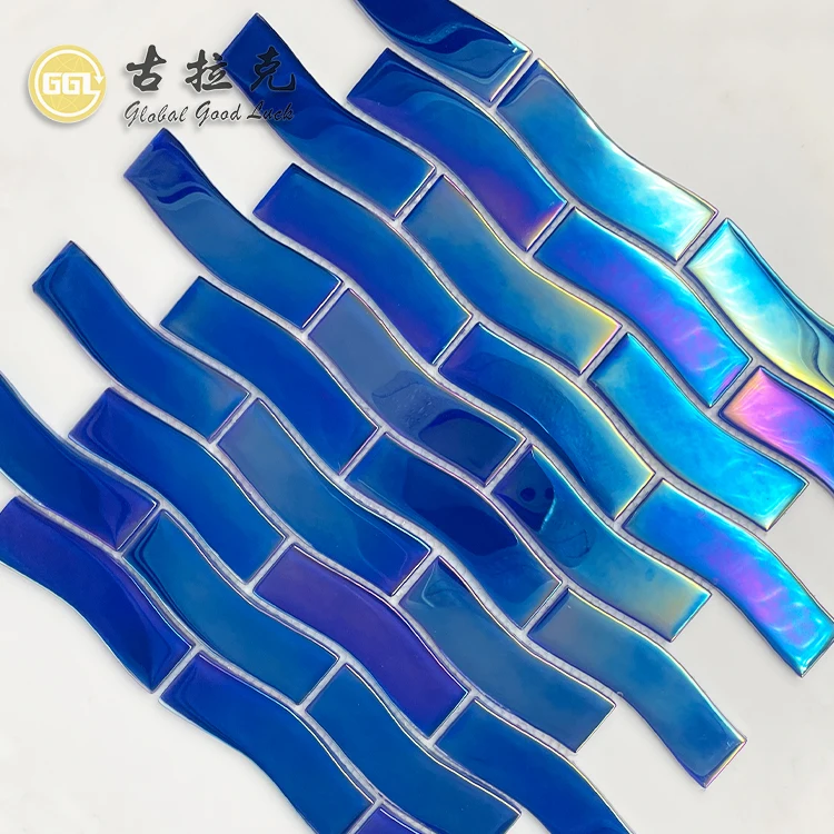 Mosaic Tile Outdoor Cheap Blue Color Iridescent Crystal Glass Mosaic Tiles For Outdoor Swimming Pool 300*300 Glass Tiles