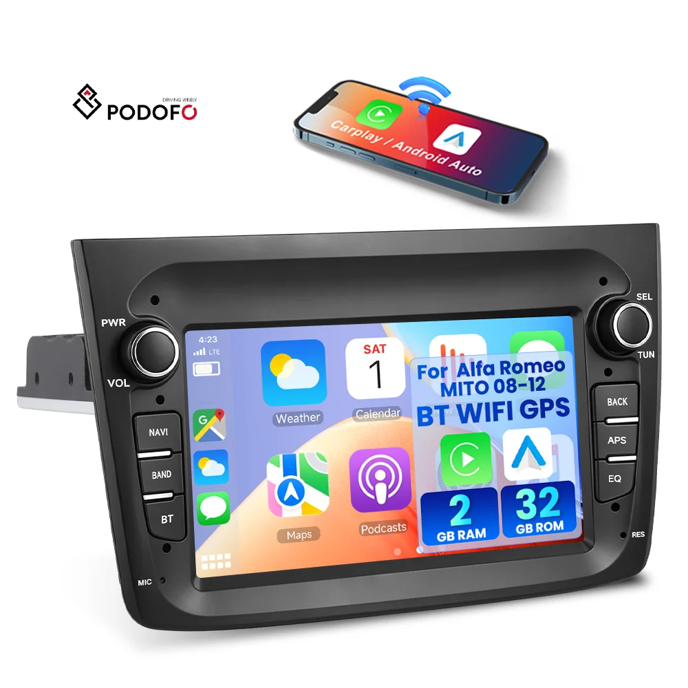 Podofo 1 Din Car Radio 7'' 2+32G Car Stereo for Alfa Romeo MITO  2008-2016 Wireless CarPlay/Android GPS WIFI FM RDS OEM/ODM A4749