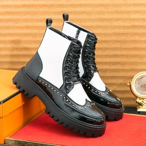 Large Size Men Ankle Leather Boots Blok Thick Bottom Men's Casual Trendy Versatile High End Punk Style Mid Top Boots