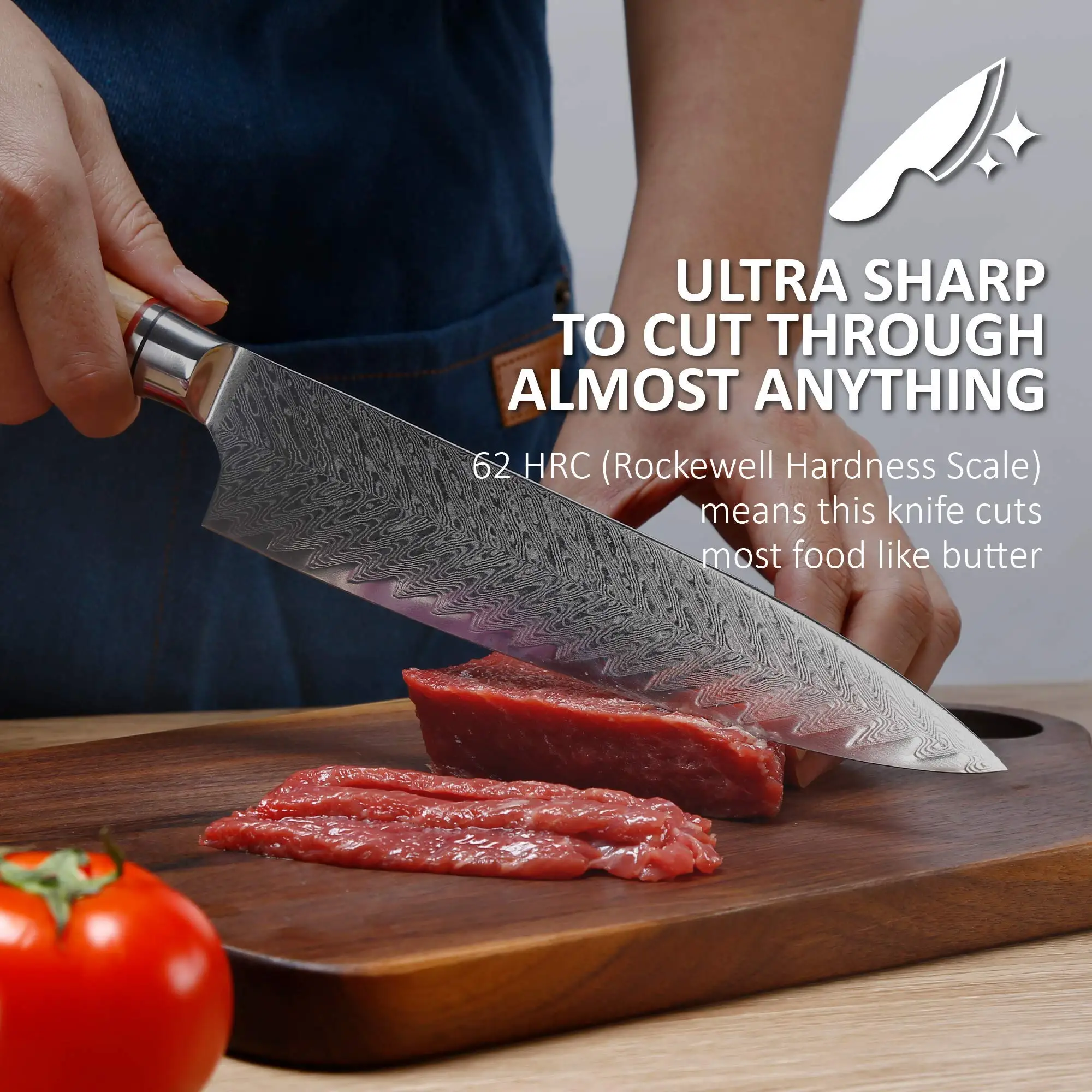 Ніж шеф кухаря Hatchen Chef Knives Дамаська сталь 8 дюймів у дерев'яному кейсі
