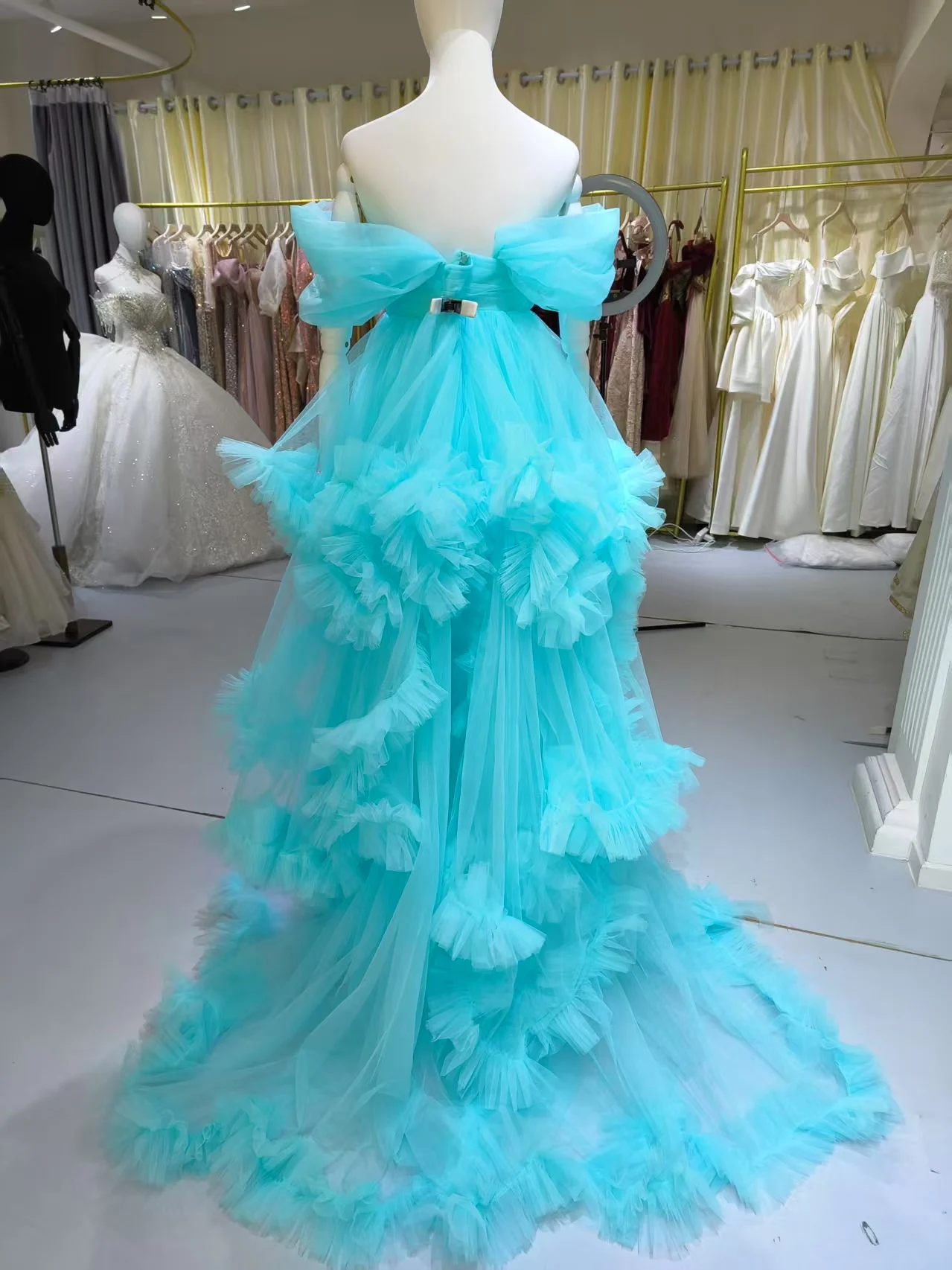 blue tulle maternity dress Custom Ink Blue Ruffled Long Sleeves Maternity Photoshoot Gown