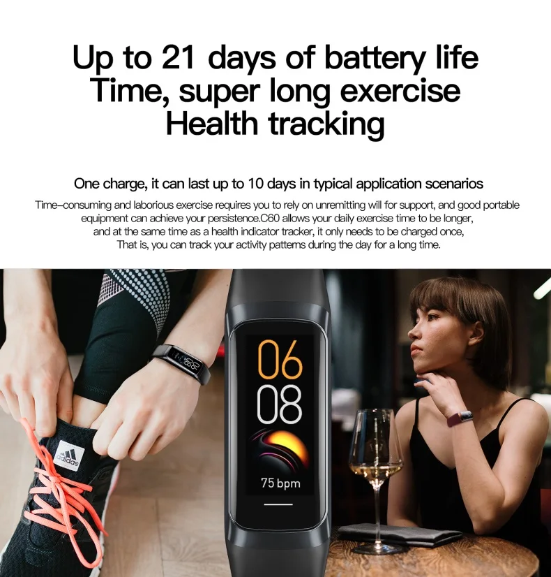 Cheap AMOLED Smart Bracelet C60 Heart Rate Blood Pressure Oxygen Body Temperature Call Message Reminder C60 Smart Band