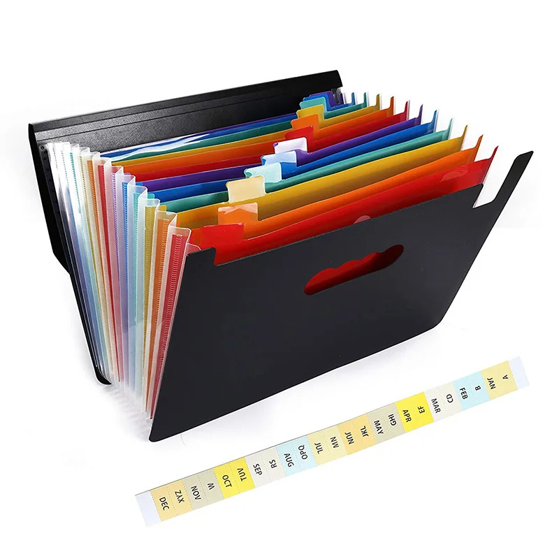 12 Pockets Expanding File Folder A4 Letter Size Portable Document Holder Black Filing Folder Desk Storage Accordion File Folder